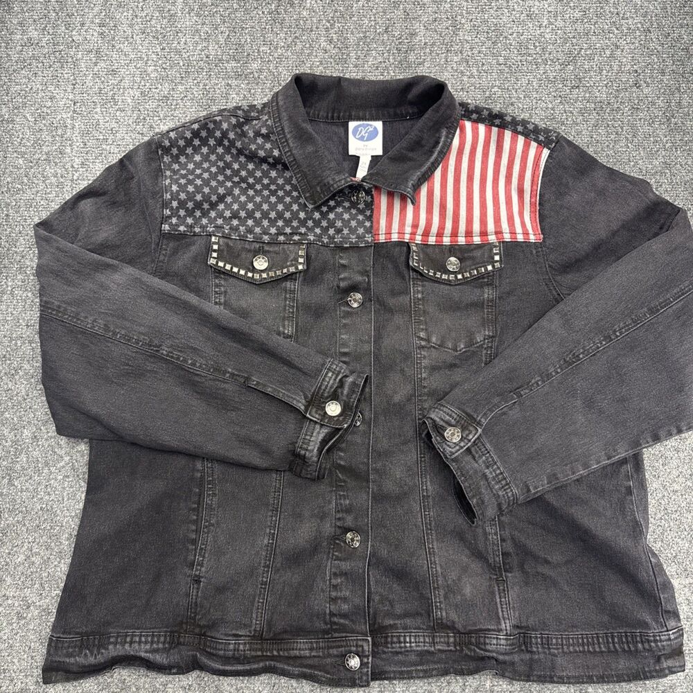 DG2 Diane Gilman Womens 2X American Flag Denim Jacket Black Studded Patriotic